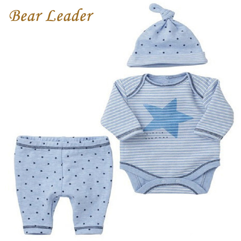 Bear Leader Baby Boy 3pcs Sets Long-sleeve Rompers+Hat+Pants Baby Girls Clothing Suits Stars Printting Infant Jumpsuits Boys