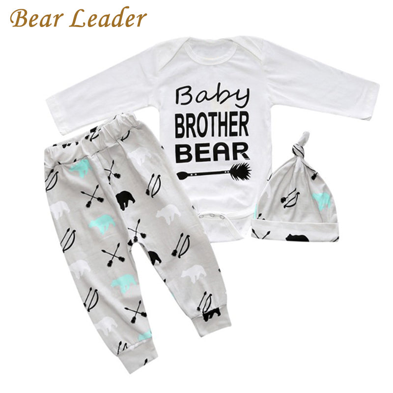 Bear Leader New 3 Style Baby Clothing Sets Letter Prints Rompers+Hat+Pants 3pcs For Baby Boys Spring Newborn Clothing Suits