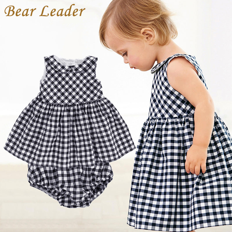 Bear Leader Baby Girls Dress 2018 New Casual Plaid Sleeveless Turn-down Collar Princess Dress + Plaid shorts 2pcs Clothing Sets