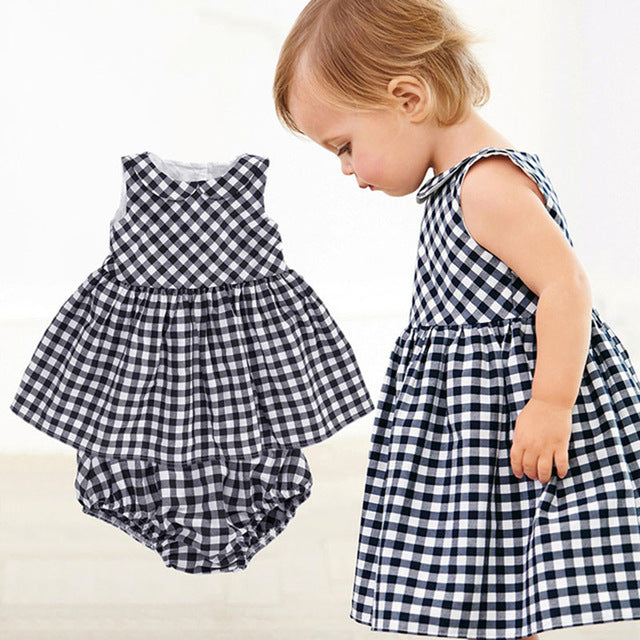 Bear Leader Baby Girls Dress 2018 New Casual Plaid Sleeveless Turn-down Collar Princess Dress + Plaid shorts 2pcs Clothing Sets