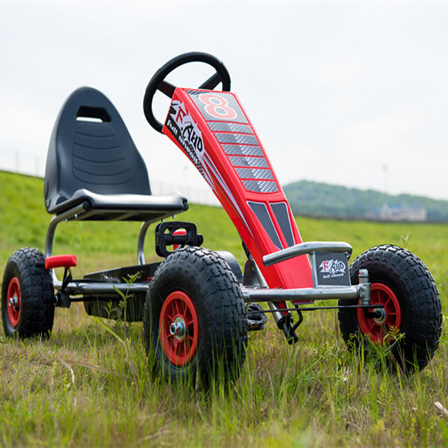 4 wheel kids go kart, pedal-powered go kart with rubber wheel, 10inch inflatable wheel go kart with steel frame and hand brake
