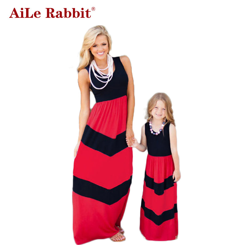 AiLe Rabbit Summer Style Family Matching Outfits Mother Daughter Dresses Contrast Color Blue A-Line Dress Mother & Kids Clothes