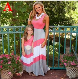 AiLe Rabbit Summer Style Family Matching Outfits Mother Daughter Dresses Contrast Color Blue A-Line Dress Mother & Kids Clothes