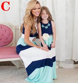 AiLe Rabbit Summer Style Family Matching Outfits Mother Daughter Dresses Contrast Color Blue A-Line Dress Mother & Kids Clothes